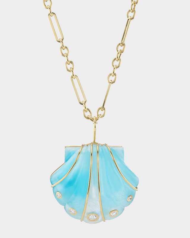 Carved Larimar and Moonstone Shell Pendant Necklace